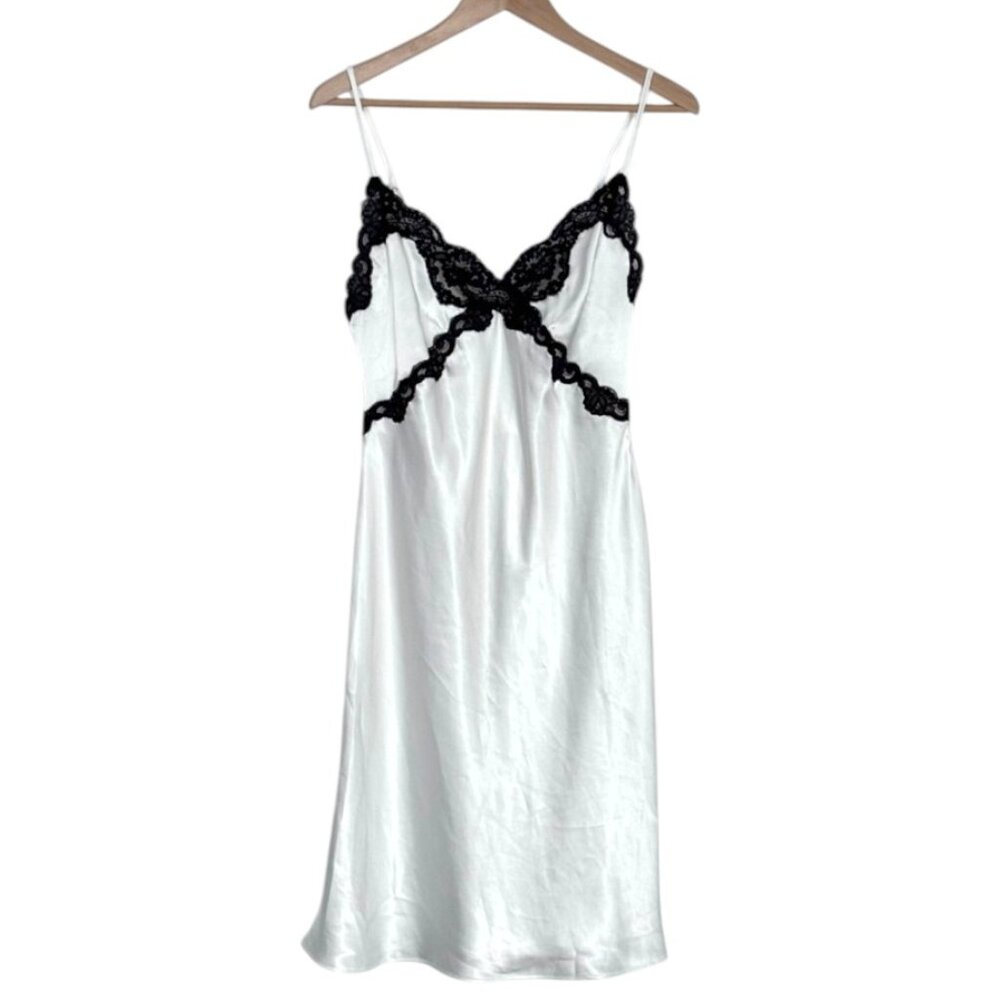 Vintage White Satin and Black Lace Slip Dress Nightgown